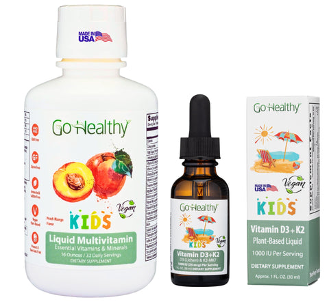 Go Healthy Multivitamin Liquid (1 bottle) and Vitamin D3 K2 Drops (1 bottle) for Kids, Toddlers, Teens, Vegan and Vegetarian, Gluten Free, Non-GMO Bundle