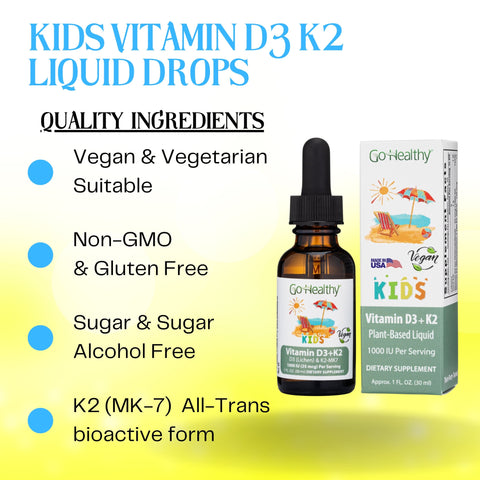 D3 with K2 Kids- Vegan, Vegetarian, Non-GMO, Gluten Free - D3 (1000 IU) & K2 (MK-7) Liquid Drops - 30 Servings
