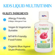 Go Healthy Kids Liquid Multivitamin, Immune Support, Kid Liquid Multivitamins, High Absorption Vegan Vitamins, Kids Vitamins Multivitamin Raspberry - 30-60 Servings