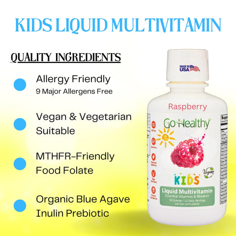 Go Healthy Kids Liquid Multivitamin, Immune Support, Kid Liquid Multivitamins, High Absorption Vegan Vitamins, Kids Vitamins Multivitamin Raspberry - 30-60 Servings