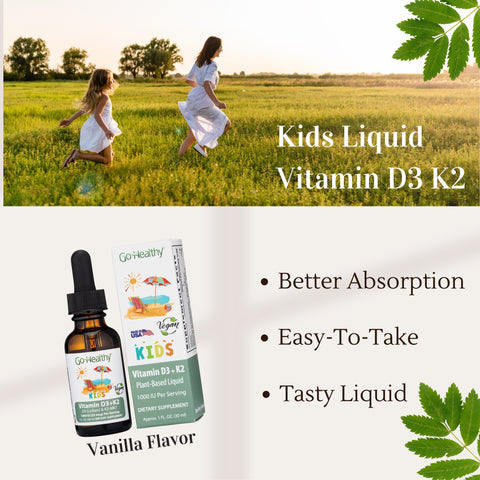 D3 with K2 Kids- Vegan, Vegetarian, Non-GMO, Gluten Free - D3 (1000 IU) & K2 (MK-7) Liquid Drops - 30 Servings